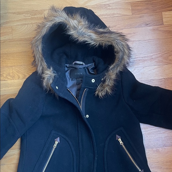 J. Crew Black Italian Woal Coat with Faux Fur Hood - Picture 3 of 4
